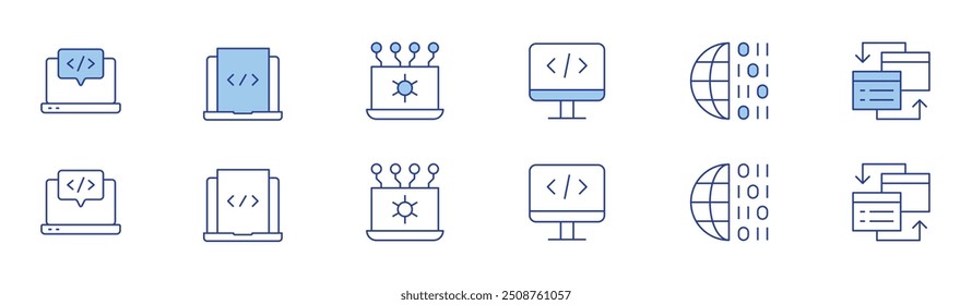 Programming icon set in two styles, Duotone and Thin Line style. Editable stroke. web programming, binary code, coding, api, interchange.