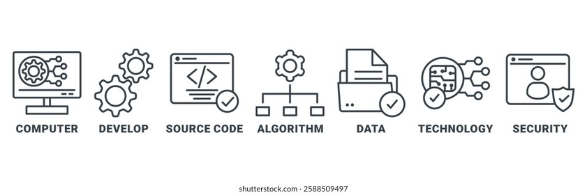 Programming icon set vector illustration concept with icon of computer, develop, source code, algorithm, data, technology, security