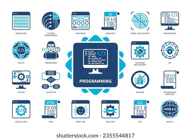 Programming icon set. Web, Algorithm, Binary Code, Spiral Development, Malware, Cloud Computing, Programmer, Javascript. Duotone color solid icons