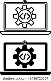 Programming Icons. Black and White Vector Icons of Laptop, Code, and Gear. Technology and Software Development Concept