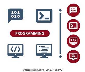 Programming icons. Coding, hacking, hack, code, binary code, chat bubble, command window, computer icon. Professional, 32x32 pixel perfect vector icon.