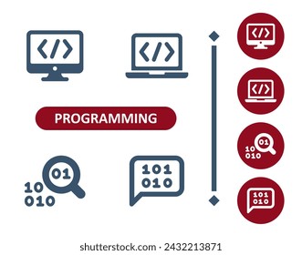 Programming icons. Coding, hacking, hack, code, computer, binary code, chat bubble, magnifier, magnifying glass icon. Professional, 32x32 pixel perfect vector icon.