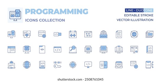 Sammlung von Programmiersymbolen. Linienduotonstil, bearbeitbarer Strich. codierung, usability, code, encrypt, d modeling, programmierung, api, book, software engineering, error, Frame, search, webpage.