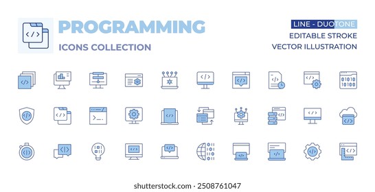 Programming icons collection. Line Duotone style, editable stroke. innovation, binary code, coding, programming, shield, code, optimization, web development, chat, interchange, api, cogwheel.
