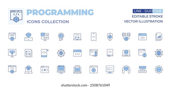 Programming icons collection. Line Duotone style, editable stroke. coding book, development, programming, edit code, software, coding, world, binary, script, danger, web, no results.
