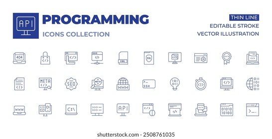 Programming icons collection. Thin Line icons, editable stroke. innovation, web development, seo, meta, internet, ssh, laptop, script, application, coding, file, www, responsive.