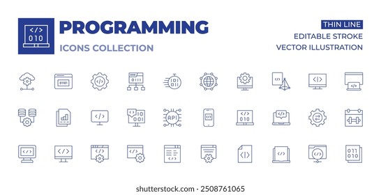 Programming icons collection. Thin Line icons, editable stroke. code, coding, software engineering, api, smartphone, development, web development, database, business report.