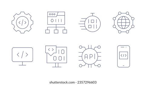 Programming icons. Editable stroke. Containing settings, web, fast time, network, software engineering, coding, api, smartphone.