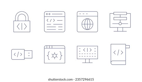 Programming icons. Editable stroke. Containing padlock, coding, web page, data, usb, programming.