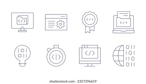 Iconos de programación. Trazo editable. Conteniendo carpeta, configuración, calidad, software, innovación, optimización, codificación, código binario.