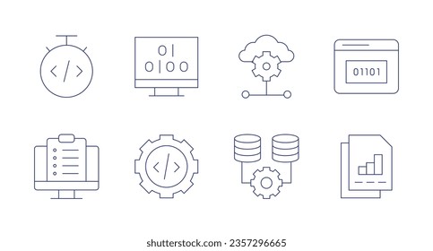 Programming icons. Editable stroke. Containing coding, binary code, api, code, usability, gear, database, business report.