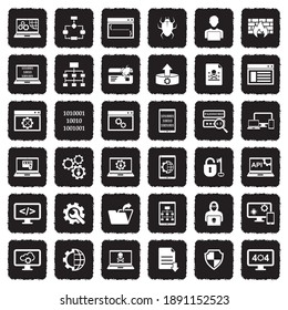Programming Icons. Grunge Black Flat Design. Vector Illustration.