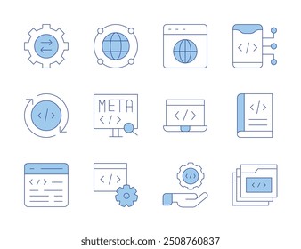 Programmiersymbole. Linienduotonstil, bearbeitbarer Strich. Web-Seite, Codierung, api, aktualisieren, Buch, Tabs, entwickeln, meta, global.