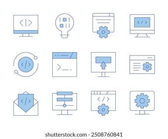 Programming icons. Line Duotone style, editable stroke. refresh, settings, innovation, development, programming, data, email, code, web, cogwheel.