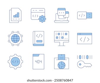 Programming icons. Line Duotone style, editable stroke. usb, coding, encrypt, book, network, business report, error, laptop, vote, algorithm.