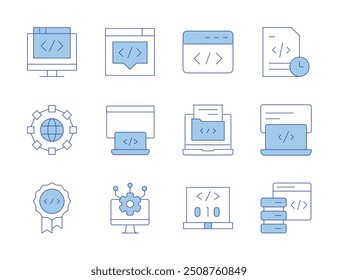 Iconos de programación. Línea estilo Duotone, carrera editable. calidad, tiempo, programación, código, software, codificación, mundo, desarrollo de Web, api.
