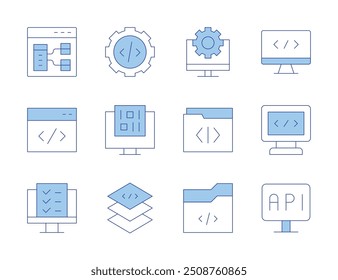 Ícones de programação. Linha Duotone estilo, traço editável. camada, programação, usabilidade, pasta, navegador, computador, codificação, engrenagem, aplicativo, código binário.