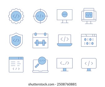 Programming icons. Line Duotone style, editable stroke. code, software development, firewall, date, coding, web development, software engineering, software, binary code, search, programming.