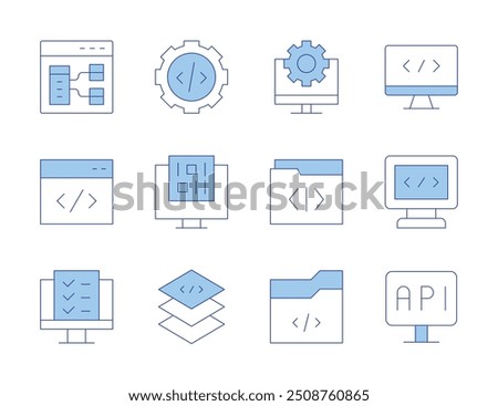 Programming icons. Line Duotone style, editable stroke. layer, programming, usability, folder, browser, computer, coding, gear, application, binary code.