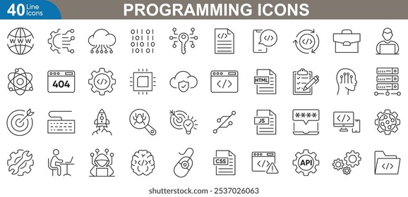 Conjunto de ícones de programação. Código, banco de dados, integração de API, erro, nuvem, implantação, binário, documentação, binário, função e muito mais. ilustração vetorial. 