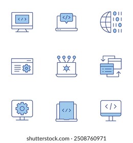 Programming icons set. Line Duotone style, editable stroke. web programming, settings, binary code, programming, coding, api, interchange, cogwheel.