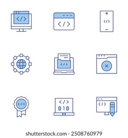 Conjunto de iconos de programación. Línea estilo Duotone, estilo editable del golpe. calidad, código, código de edición, desarrollo, software, codificación, mundo, programación, ningún resultado.