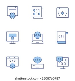 Programming icons set. Line Duotone style, editable stroke. programming, development, coding, binary, danger, web.