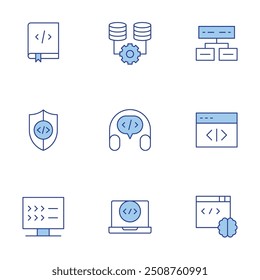 Conjunto de iconos de programación. Estilo Duotone de la línea, golpe editable. programando, libro de codificación, Asistencia, programa, base de datos, escudo, codificación, script.