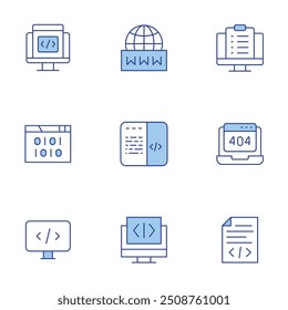 Programmier-Icons eingestellt. Linienduotonstil, bearbeitbarer Strich. Programmierung, Usability, Code, Internet, Software Engineering, Frame, Datei, Binärkode.