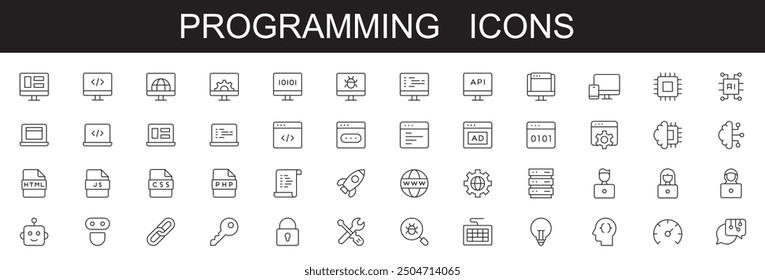 Programming icons set . vector illustration . editable stroke. on white background, with icons like Web Development, Code, Website, Cloud, App, Data, Software, Algorithm, Api, Build, Program.