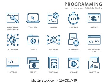 Programming icons, such as develop, software, coding, algorithm and more. Vector illustration isolated on white. Editable stroke.