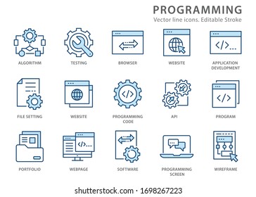 Programming icons, such as develop, software, coding, algorithm and more. Vector illustration isolated on white. Editable stroke.