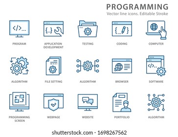 Programming icons, such as develop, software, coding, algorithm and more. Vector illustration isolated on white. Editable stroke.