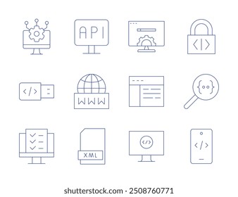 Programming icons. Thin Line style, editable stroke. usability, code, development, padlock, usb, webpage, website, programming, xml, internet, application, api.