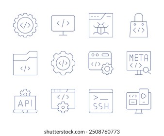 Programming icons. Thin Line style, editable stroke. virus, programming, api, software development, settings, software engineering, development, ssh, coding, meta, responsive.