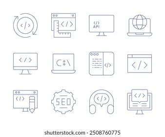 Programming icons. Thin Line style, editable stroke. refresh, support, api, coding, world wide web, edit code, seo, laptop.