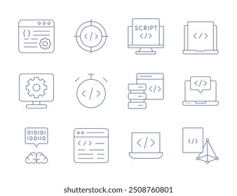 Programming icons. Thin Line style, editable stroke. programming, coding, code, time, script, cogwheel.