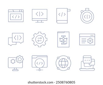 Ícones de programação. Estilo de linha fina, traço editável. programação, api, codificação, algoritmo, computador, configurações, otimização, laptop, chat, global.