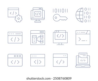 Iconos de programación. Estilo de línea delgada, trazo editable. programación, codificación, navegador, cifrado, software, código binario, código, desarrollar.