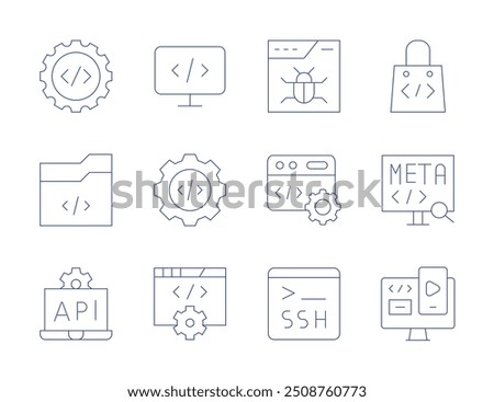 Programming icons. Thin Line style, editable stroke. virus, programming, api, software development, settings, software engineering, development, ssh, coding, meta, responsive.