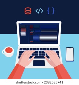 Ilustración de programación. código de escritura a mano en laptop, codificación, programador, desarrollador vector diseño plano.