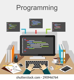 Programming illustration. Programmer working place illustration concept. Flat design illustration concepts for development, developer, working place, analysis, working, brainstorming, coding.