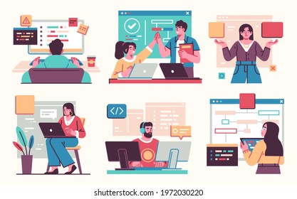 Programming Illustration Set. Different characters working on web and application development on computers. Software developers. Flat vector style illustrations.