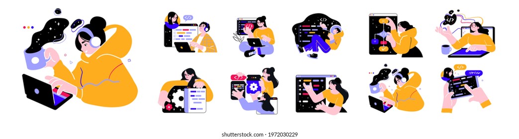 Programming Illustration Set. Different characters working on web and application development on computers. Software developers. Flat vector style illustrations. - Shutterstock ID 1972030229