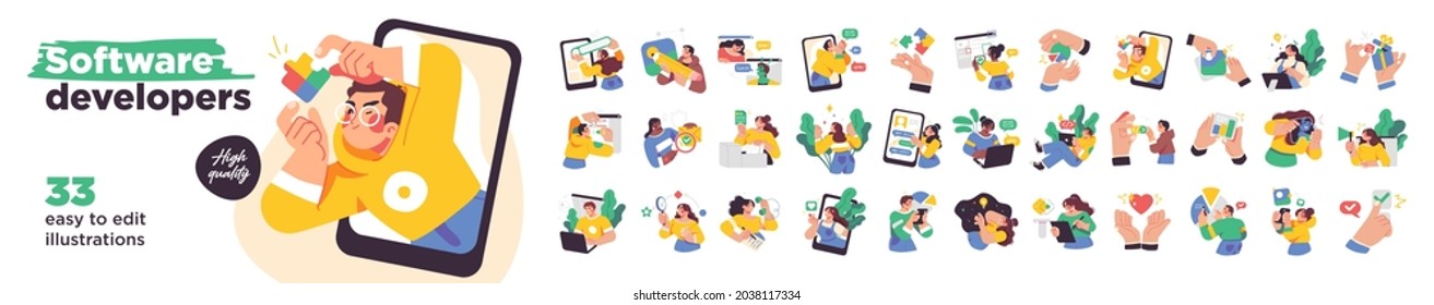Programming Illustration Set. Different characters working on web and application development on computers. Software developers. Flat vector style illustrations. - Shutterstock ID 2038117334