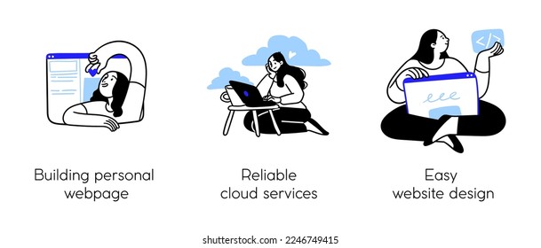 Programming Illustration Set. Different characters working on web and application development on computers. Software developers. Visual stroies collection