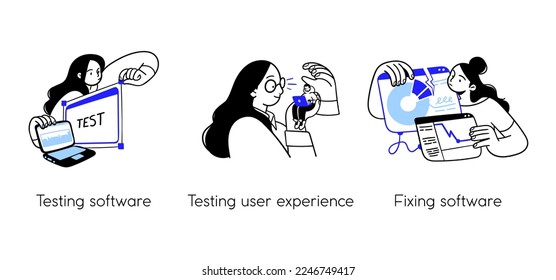 Programming Illustration Set. Different characters working on web and application development on computers. Software developers. Visual stroies collection