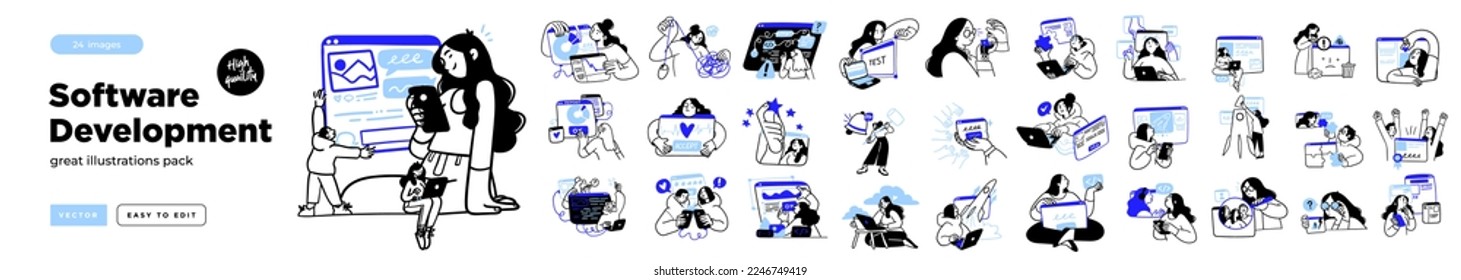 Programming Illustration Set. Different characters working on web and application development on computers. Software developers. Flat vector style illustrations. - Shutterstock ID 2246749419