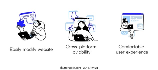 Juego de ilustraciones de programación. Diferentes personajes trabajando en el desarrollo de aplicaciones y web en computadoras. Desarrolladores de software. colección de historias visuales