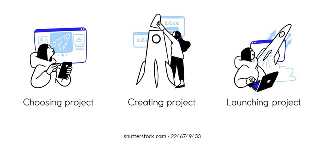 Programming Illustration Set. Different characters working on web and application development on computers. Software developers. Visual stroies collection